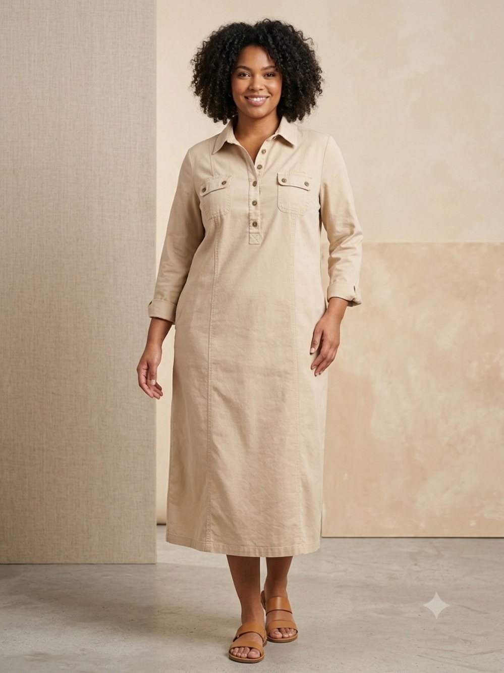 Investments Beige Utility Polo Midi Dress